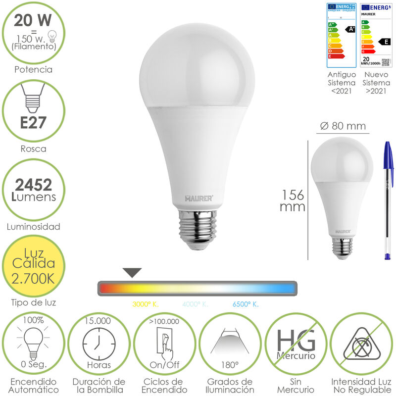 Bombilla Led Estandar rosca e27. 20 watt. equivale a 150 2452 lumenes. luz 3000 3000º