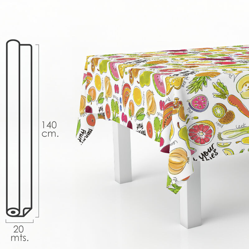 Mantel Hule Rectangular frutas fantasia. impermeable antimanchas pvc 140 cm. x 20 metros. rollo recortable. interior