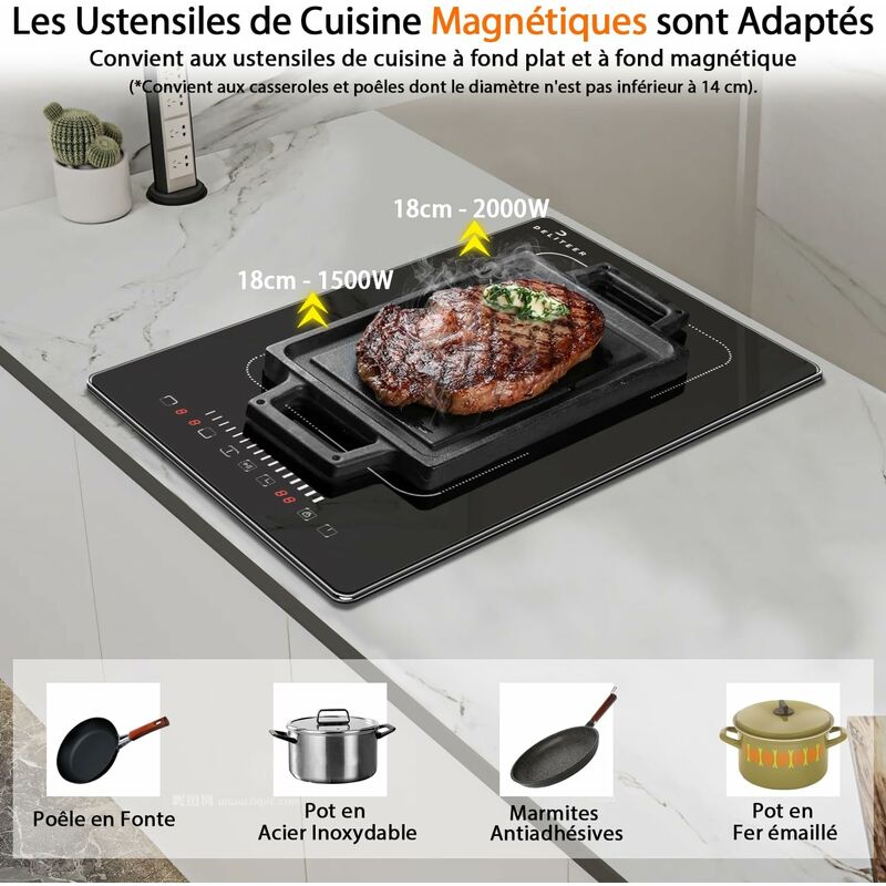Plaque Induction 2 Feux Encastrable 30cm - 3500W, Commande Tactile, Minuterie, Sans Prise