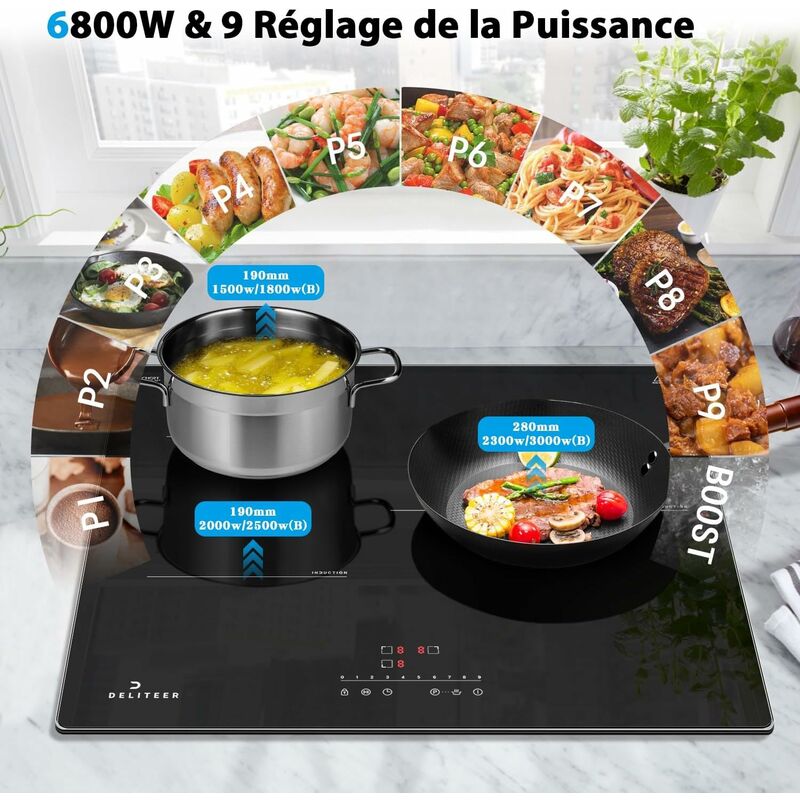 DELITEER Plaque Induction 2 Feux 3500W Encastrable Avec Prise - Cadre Inox, Zone Flexible Gril, 9 Niveaux - 29cm