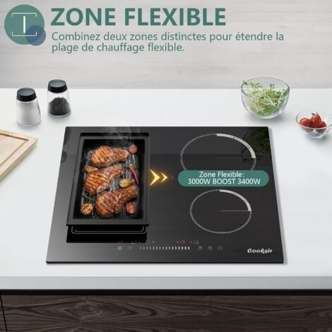 Plaque à Induction 4 Foyers 6800W - Table De Cuisson Encastrable 60cm Avec Booster, Minuteur Et Contrôle Tactile - Verre Céramique Noir