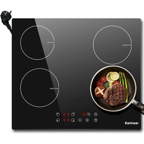 Plaque à Induction 4 Foyers avec Prise, Karinear Plaque Induction 4 Feux Encastrable, Table de Cuisson Induction avec Commande Tactile, Sécurité Enfant, Minuterie, Plaque de Cuisson Electrique 3500W