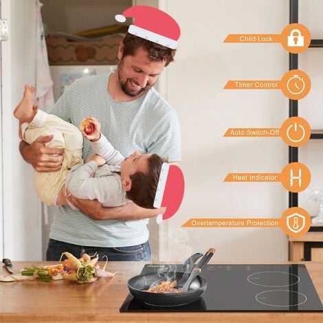 Plaque à Induction 4 Foyers avec Prise, Karinear Plaque Induction 4 Feux Encastrable, Table de Cuisson Induction avec Commande Tactile, Sécurité Enfant, Minuterie, Plaque de Cuisson Electrique 3500W