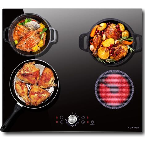 NOXTON Plaque VItrocéramique 4 Feux, Plaque de Cuisson Electrique 4 feux Encastrable, 6000W, Table de Cuisson Vitrocéramique avec Commande à Bouton Unique, 220-240V, sans Prise