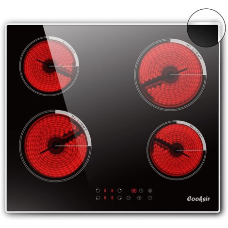 Cooksir Plaque Vitrocéramique 4 Feux, Cadre en Bord Inox, Plaque de Cuisson électrique Encastrable 60cm, 6000W, Minuterie, Sécurité Enfants, Vitrocéramique Verre Noir