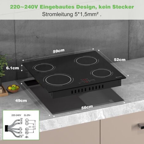 Plaque à Induction 4 Feux Encastrable 6400W – 60 Cm, 9 Niveaux, Minuterie 99 Min – Noir, Verre Vitrocéramique