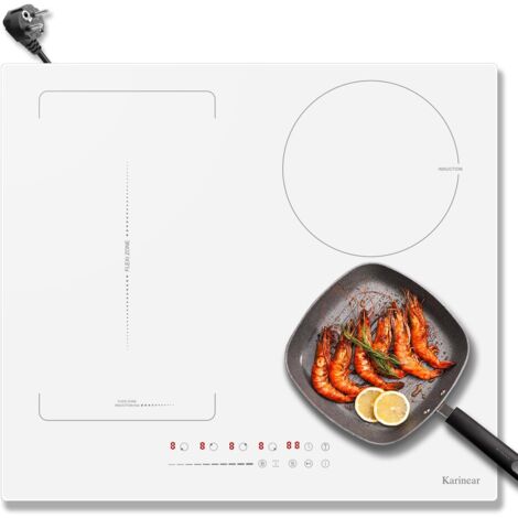 Karinear Plaque à induction 4 feux avec prise, 59 cm, 3500 W, vitrocéramique blanche, zones combinées, commandes coulissantes, 9 niveaux de puissance