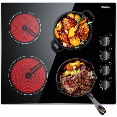 Karinear Plaque de Cuisson en Vitrocéramique - Cuisinière électrique de 60 cm, Table de Cuisson en Verre non Poli Noir avec Bouton de Contrôle à 4 zones 6000W