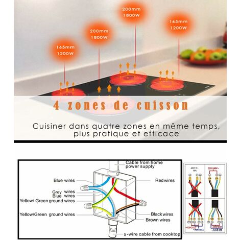 Hobsir Plaque Vitrocéramique, Table de cuisson vitrocéramique 4 feux, 6000W avec 9 niveaux de puissance, 59 cm, Vitrocéramique,Fil dur, Pas de prise, Capteur Contrôle Tactile,Verrouillage de Sécurité