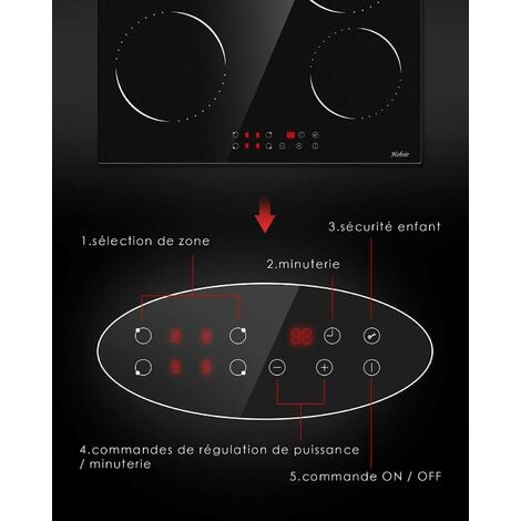 Hobsir Plaque Vitrocéramique, Table de cuisson vitrocéramique 4 feux, 6000W avec 9 niveaux de puissance, 59 cm, Vitrocéramique,Fil dur, Pas de prise, Capteur Contrôle Tactile,Verrouillage de Sécurité