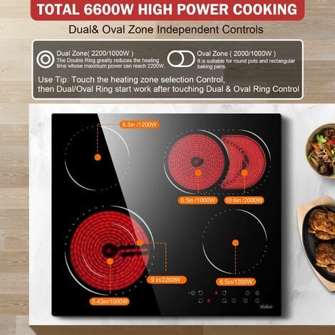 Hobsir Plaque Vitrocéramique 4 Feux, Tables de Cuisson Vitrocéramique 6600W, Plaque de Cuisson électrique Encastrable, Réglage Flexible de la Zone de Cuisson, Minuterie, Verrou de Sécurité, Sans Prise