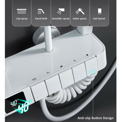Système de Douche Thermostatique, Colonne de Douche avec Affichage de la Température, Pulvérisateur d'épaule, Douche Bidet, Robinet de Douche de Baignoire, Pommeau de Douche, Douche à main (Blanc)