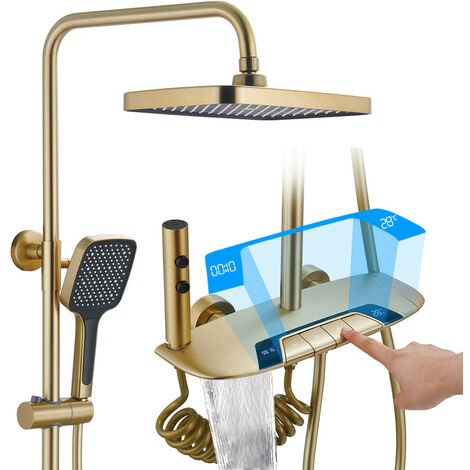 Colonne de Douche Thermostatique Or Brossé Système de Douche avec Affichage Numérique LED Ensemble de Douche avec 32  20CM Pomme de Douche e Douchette à 3 Modes, Bec Baignoire, Bidet Douche