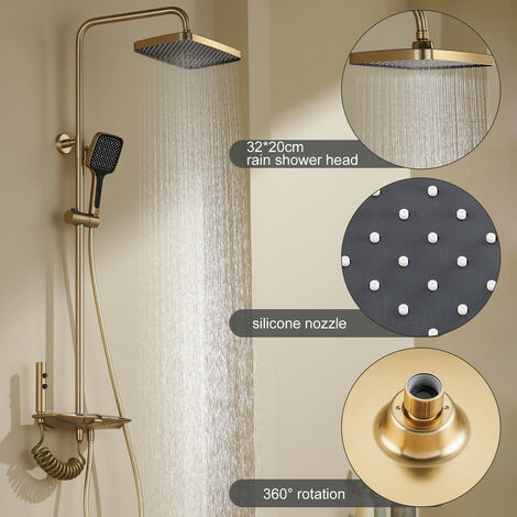 Colonne de Douche Thermostatique Or Brossé Système de Douche avec Affichage Numérique LED Ensemble de Douche avec 32  20CM Pomme de Douche e Douchette à 3 Modes, Bec Baignoire, Bidet Douche