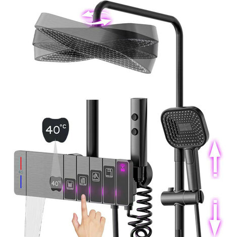 Colonne De Douche Thermostatique avec Lumière Ambiante Systeme de Douche Hauteur Réglable pour Salle de Bain, Mitigeur Douche avec Douchette et Pommeau de Douche, Bec de Baignoire Cascade, Gris