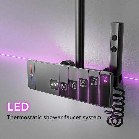 Colonne De Douche Thermostatique avec Lumière Ambiante Systeme de Douche Hauteur Réglable pour Salle de Bain, Mitigeur Douche avec Douchette et Pommeau de Douche, Bec de Baignoire Cascade, Gris