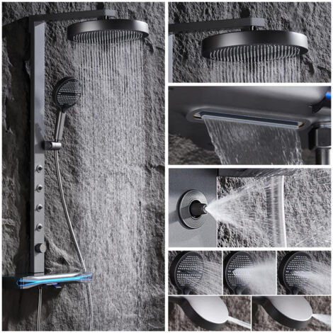 Colonne de Douche Thermostatique, Piano Système de Douche avec Affichage Numérique LED Mural Ensemble de Douche avec Mitigeur, Douchette 5 Jets, Tête de Douche 320mm, Spray Dorsal (Gris Pistolet)