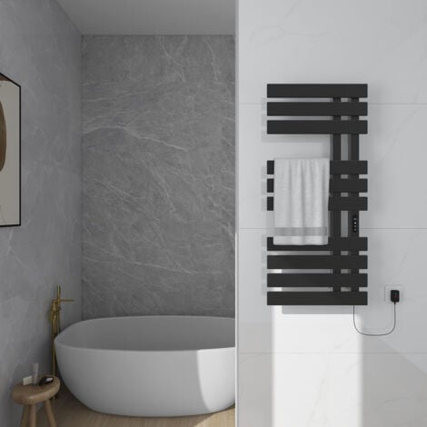 Porte Serviette Electrique, 500x1100mm Chauffe Serviette Thermostatique Intelligent, Mural Radiateur Salle de Bain, Serviettes Chauffant Seche, économie d'énergie, Affichage LED, Noir, Droite