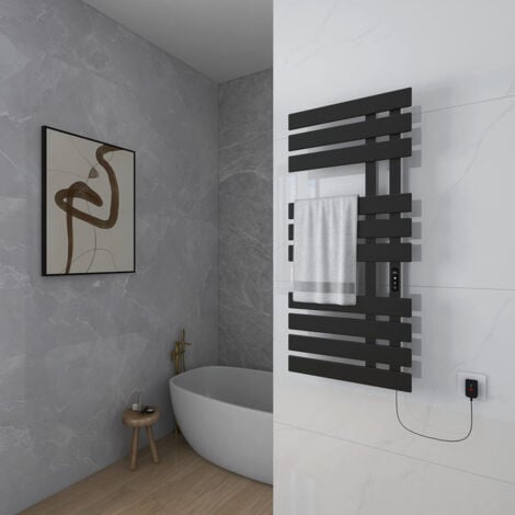 Porte Serviette Electrique, 500x1100mm Chauffe Serviette Thermostatique Intelligent, Mural Radiateur Salle de Bain, Serviettes Chauffant Seche, économie d'énergie, Affichage LED, Noir, Droite