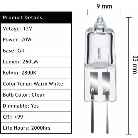 G4 Halogen Light Bulbs, G4 Halogen Pin Base Lamp 12V 20W, 2800K Dimmable  Warm White G4