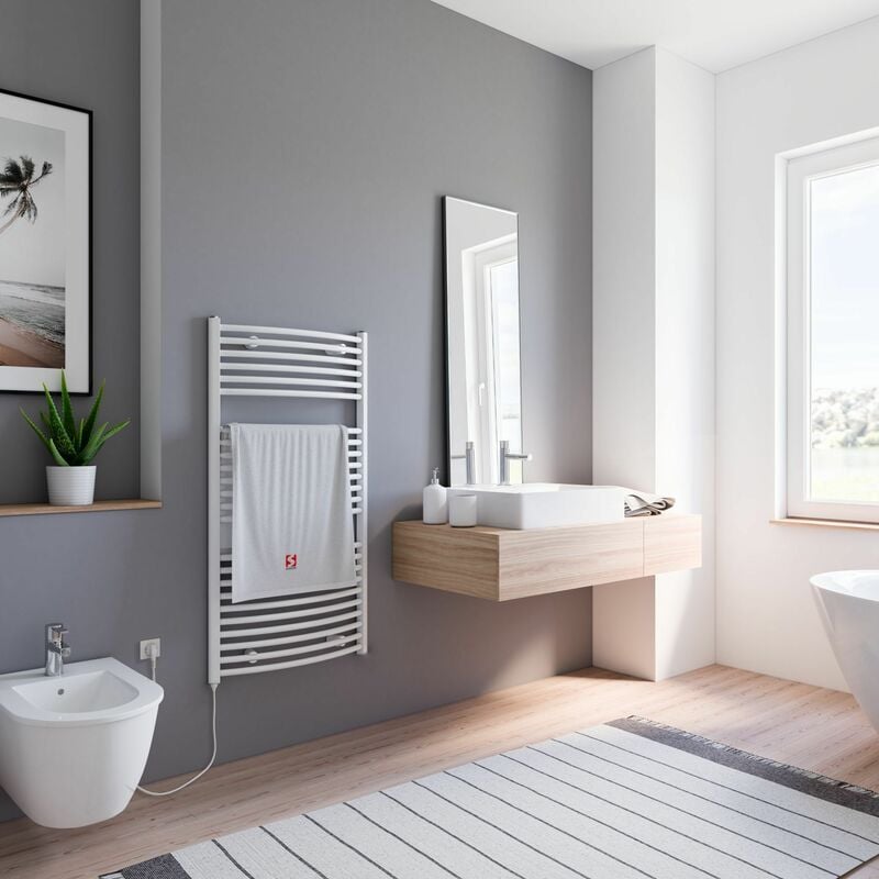 Radiateur Salle De Bain Électrique Avec Thermostat 1200 W, Ecd Germany,  Design Sahara, 750 X 1200 Mm, Chrome, Courbé , Avec Connexion Latérale