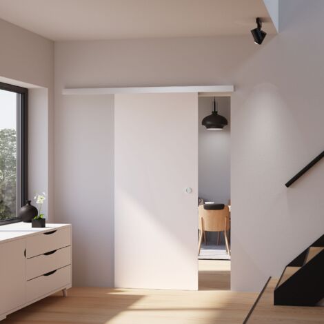 Porte coulissante intérieure Schulte, 90 x 203 cm, Porte pleine en bois blanc - Poignée ronde + double amortisseur Softclose