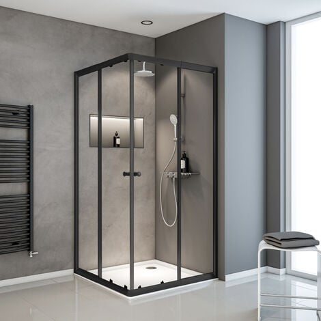 [ JAMAIS UTILISÉ ] - Accès d'angle droit avec portes de douche coulissantes, 75 x 90 - 75 x 90 cm x 180 cm, verre 4 mm, Sunny Schulte, profilé noir, verre transparent