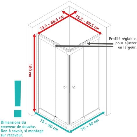 [ JAMAIS UTILISÉ ] - Accès d'angle droit avec portes de douche coulissantes, 75 x 90 - 75 x 90 cm x 180 cm, verre 4 mm, Sunny Schulte, profilé noir, verre transparent