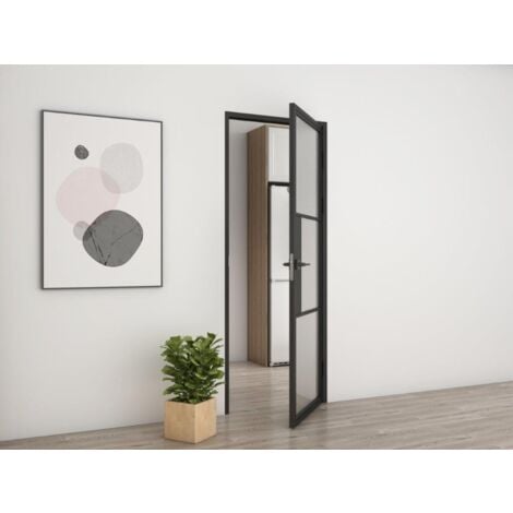 [ JAMAIS UTILISÉ ] - Porte verrière intérieure 93 x 231 cm, bloc porte Loft, verre transparent, style atelier 2 rayures, version droite avec serrure