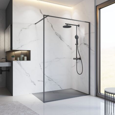 Paroi de douche 140 x 200 cm à l'italienne Contoura, profilé noir, paroi fixe Walk In, verre 6 mm anticalcaire Schulte