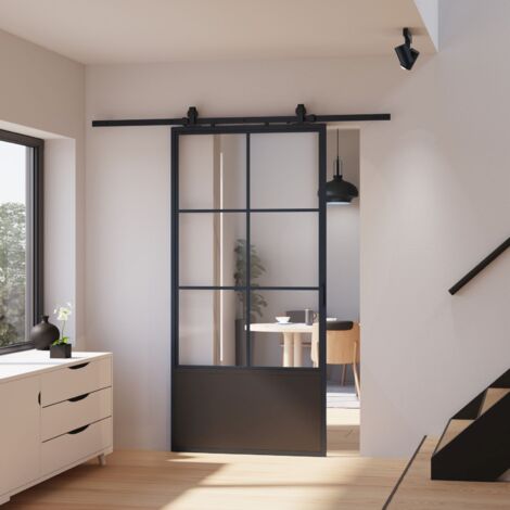 Schulte – Porte coulissante en verre 88 x 203,5 cm – Décor industriel Loft noir – Verre de sécurité – Rail aluminium inoxydable – Montage réversible