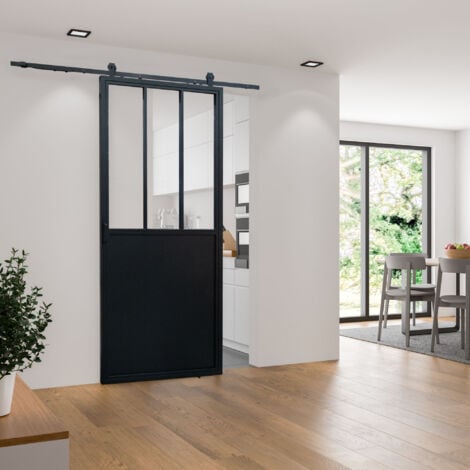 Porte intérieure coulissante en verre noir, 102,5 x 215 cm, décor industriel
