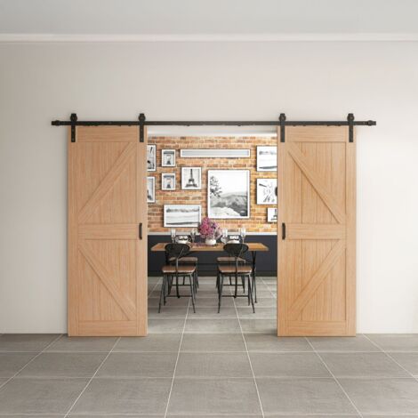 Double porte de grange Oak 205 x 215 cm porte coulissante pleine intérieure en bois, système ouvert noir avec softclose