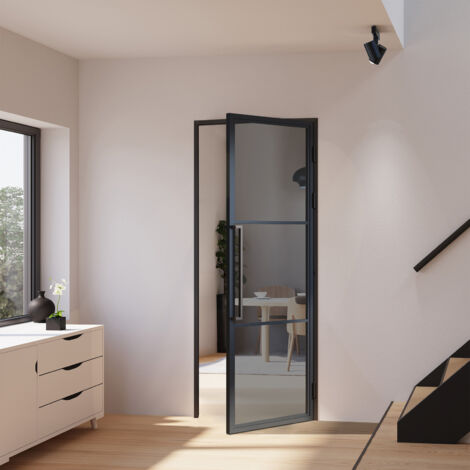 Porte verrière intérieure 83 x 211,5 cm, bloc porte Loft, verre fumé, style atelier 2 rayures, ouverture tirant droite