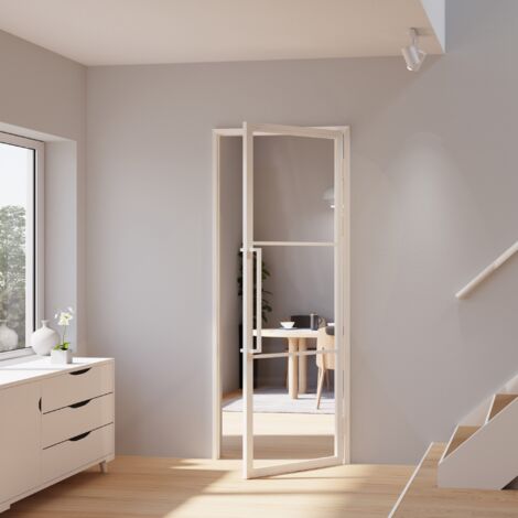 Porte verrière intérieure 83 x 211,5 cm, bloc porte Loft blanc, verre transparent, style atelier 2 rayures, ouverture tirant droite (1/5)