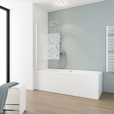 Pare-baignoire pliant, verre 5 mm traité anticalcaire, paroi de baignoire 1 volet, Décor sérigraphié Bulles, 80 x 140 cm, profilé blanc, Schulte