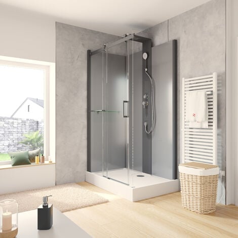 Cabine de douche intégrale 120 x 80 cm, cabine de douche complète hydromassante, porte coulissante, jets de massage, couleur noire-gris, Korsika, Schulte
