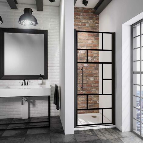 Porte de douche pivotante, verre 5 mm anticalcaire, style industriel Schulte, décor atelier, profilé noir, 80 x 192 cm