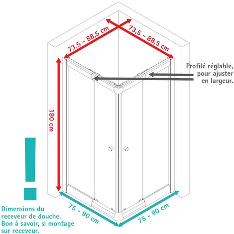 Accès d'angle droit avec portes de douche coulissantes, 75 x 90 - 75 x 90 cm x 180 cm, verre 4 mm, Sunny Schulte, profilé noir, décor rayures horizontales