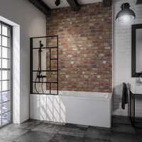 Pare-baignoire rabattable, 80 x 140 cm, verre 5 mm, paroi de baignoire 1 volet, écran de baignoire pivotant Schulte, profilé noir, verrière industrielle, décor Atelier 5