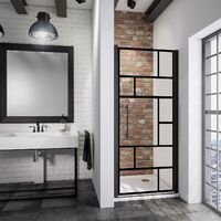 Porte de douche pivotante, verre 5 mm anticalcaire, style industriel Schulte, décor atelier, profilé noir, 90 x 192 cm
