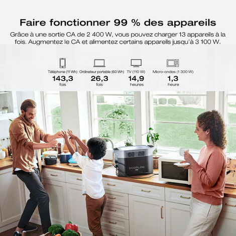 Station électrique portable EcoFlow DELTA 2 Max, capacité 2048Wh, batterie LFP 3 000 cycles, recharge rapide, puissance de sortie 3100 W, générateur solaire silencieux, pour la maison/camping/voyages
