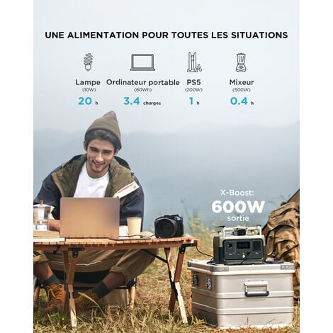 Station électrique portable EF ECOFLOW RIVER 2, batterie LiFeP04, 256 Wh/charge rapide en 1 heure, sortie 600 W max, générateur solaire pour camping extérieur/camping-cars/domestique/balcon