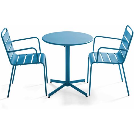 Runder, klappbarer Gartentisch aus Metall und 2 Sessel Pacifique blau