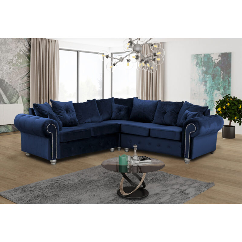 Ashwin Plush Velvet Corner Sofa with Back Cushions - Blue