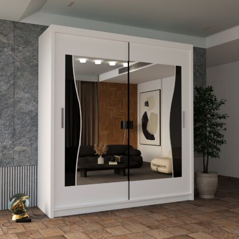 Modern 2 Door Sliding Mirror Wardrobe with Shelves & Hanging Rails - White180cm (1/2)