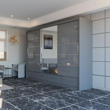 Dublin High Gloss 2&3 Sliding Mirror Door Wardrobe - Grey 255cm