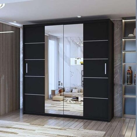 Edin Sliding Mirror Door Wardrobe Available in 3 Colors & 4 Sizes - Black 203cm