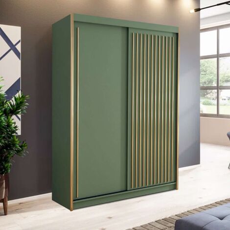 Green Sliding Wardrobe with Shelves, Drawers, Hanging Rails and Rose Gold Strips - Green 150cm