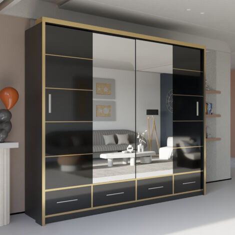 Modern High Gloss Sliding Wardrobe with Long LED Light Black 203cm
